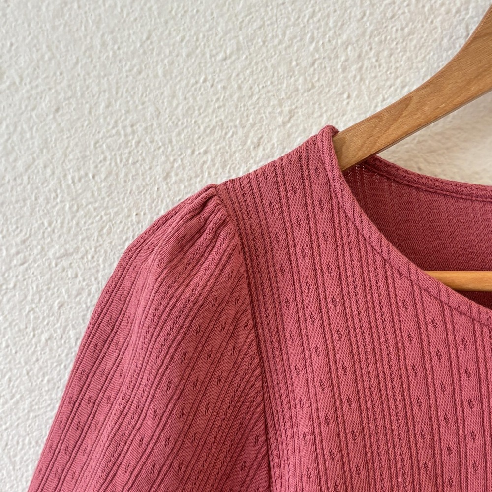 Sezane Crochet Puff Sleeve Tee Top Womens Size L Pink Jersey Feminine Boho - Picture 3 of 9